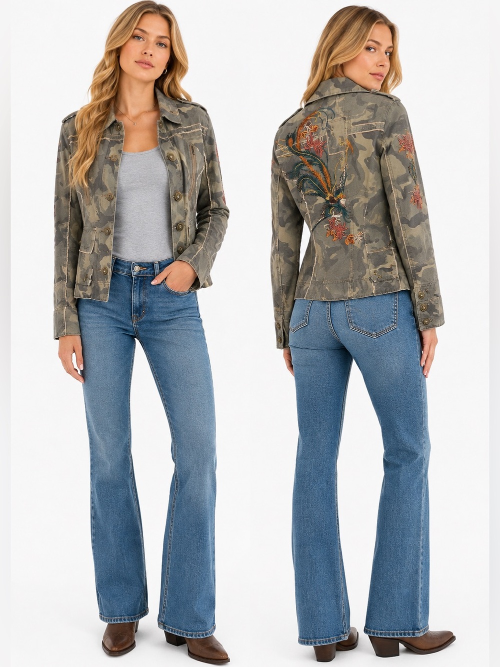 Women’s Camo Military Utility Jacket Embroidered Beaded Picasso Size small